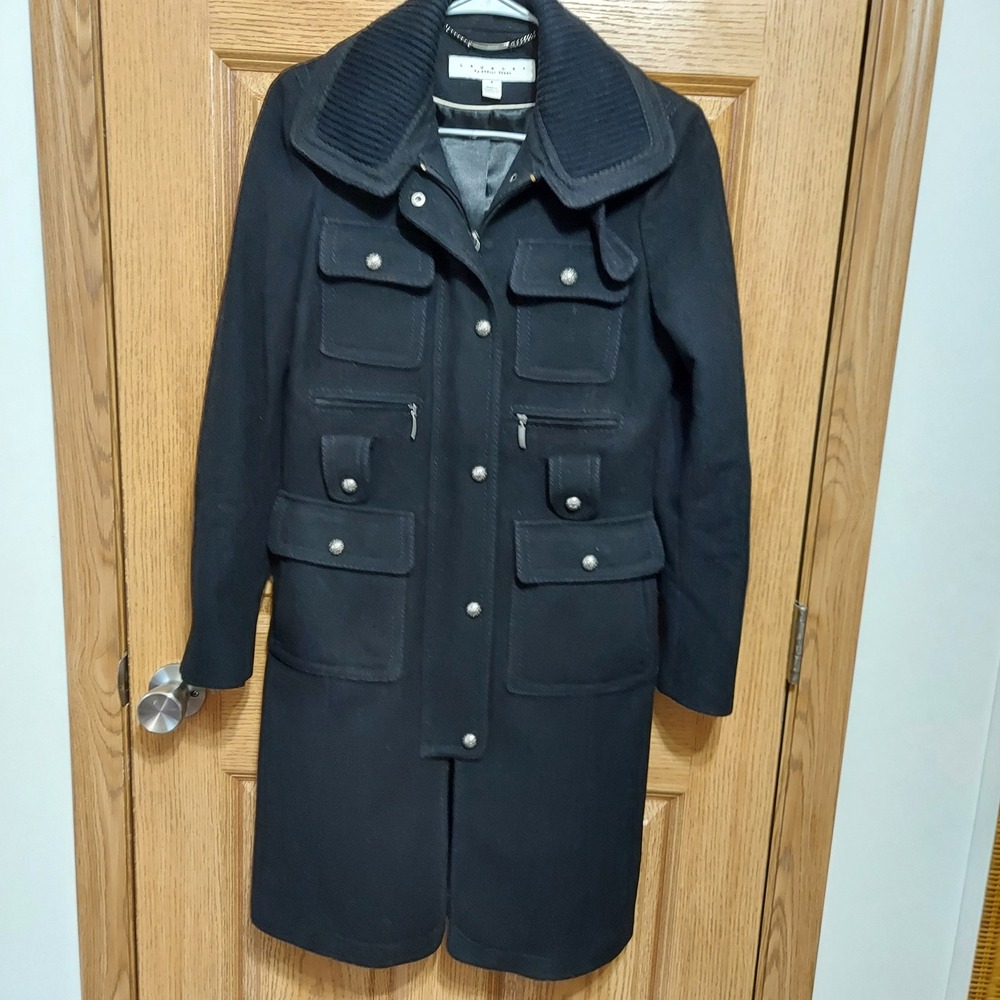 Laundry by Shelli Segal Black Wool Military Trench Coat Buckle Collar Size 4